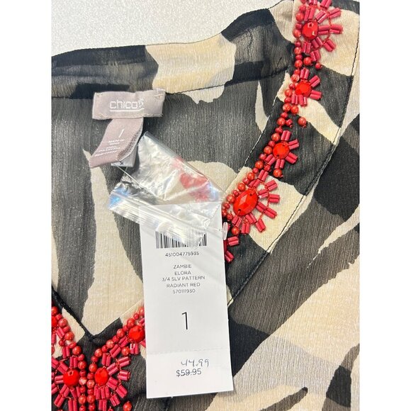 Chicos Zebra Zambie Elora Sheer Beaded Tunic Top Size 1 Medium Black & Tan NWT - Picture 4 of 5